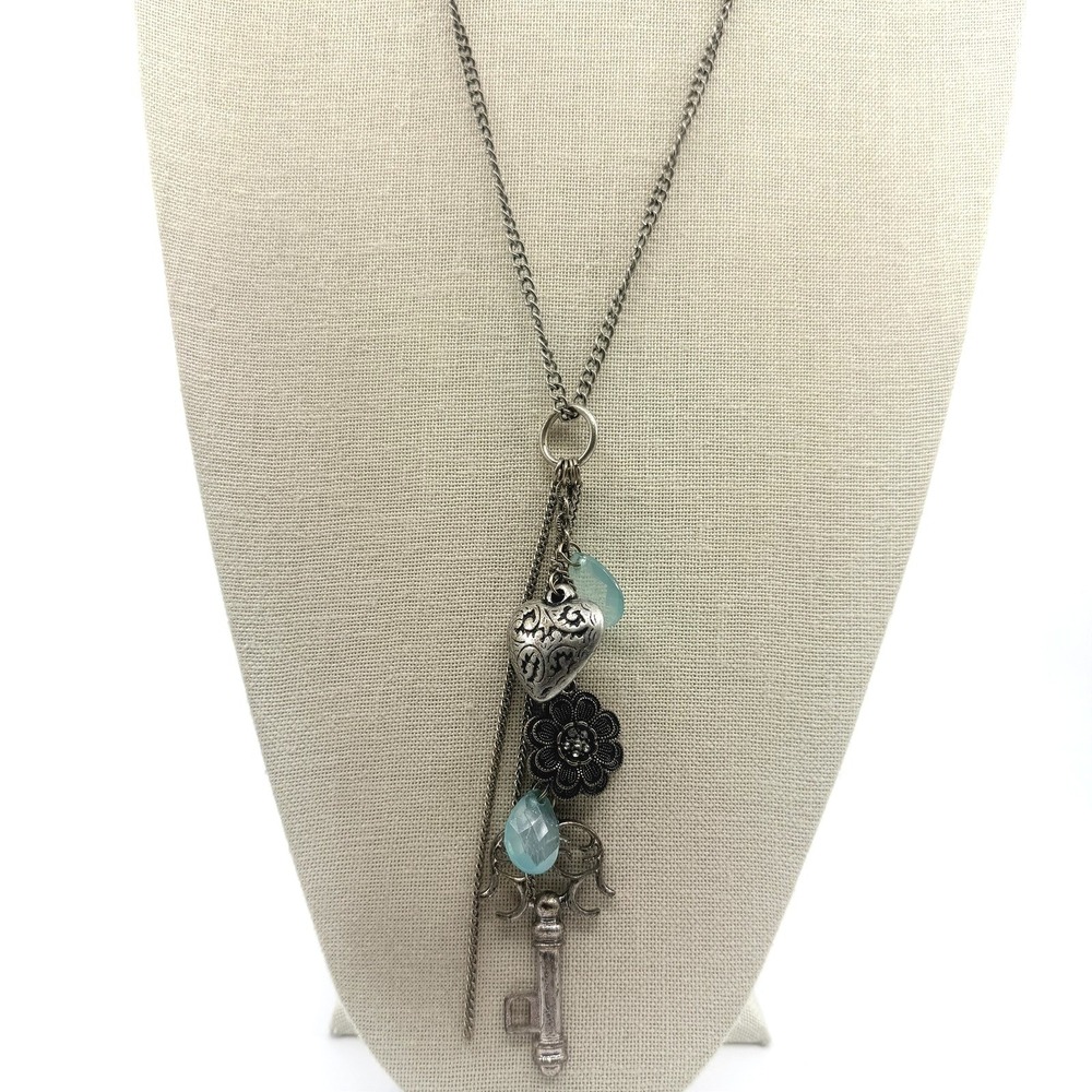 Vintage Antique Silver Tone Charm Necklace Heart Key Flower Boho Statement Y2K